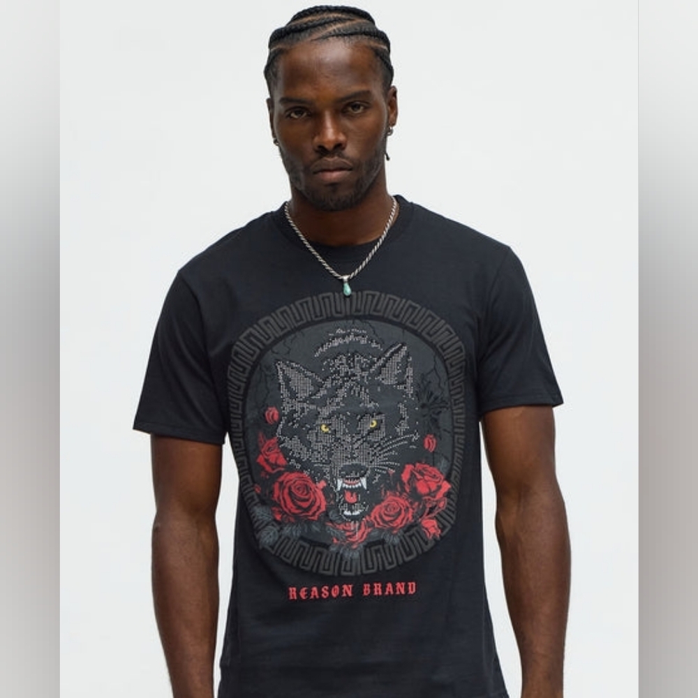 Reason Black Wolf Graphic With Rhinestones Tee